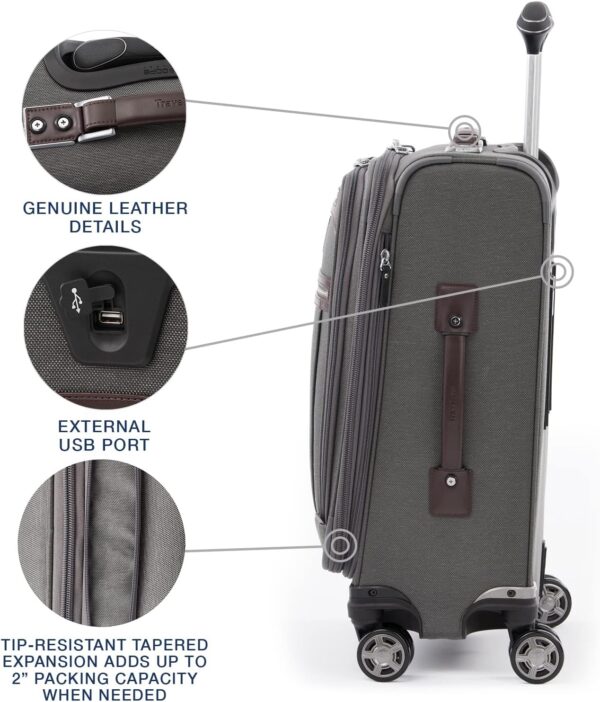 Travelpro Platinum Elite Softside Expandable Carry on Luggage, 8 Wheel Spinner Suitcase, USB Port, Suiter, Men and Women, Vintage Grey, Carry On 21-Inch - Image 4