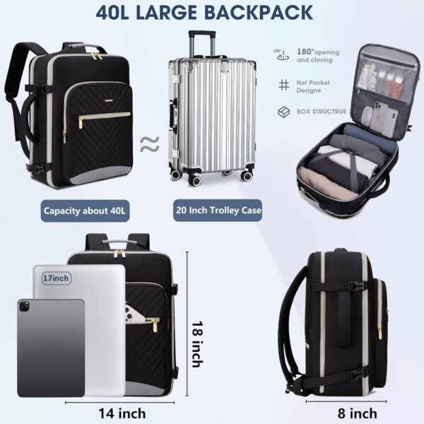 Large Travel Backpack For Women: 17 Inch 40L Carry On Business Laptop Bag TSA Flight Approved Personal Item Daypack Weekender Luggage Waterproof Traveling Bag For Airplane 3 Packing Cubes - Image 2