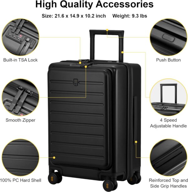 LEVEL8 Carry On Luggage with Compartment, 20 Inch Lightweight Hard Shell Rolling Suitcase with Wheels Airline Approved, Checked Luggage with Front Pocket, Double Tsa Locks - Black - Image 6