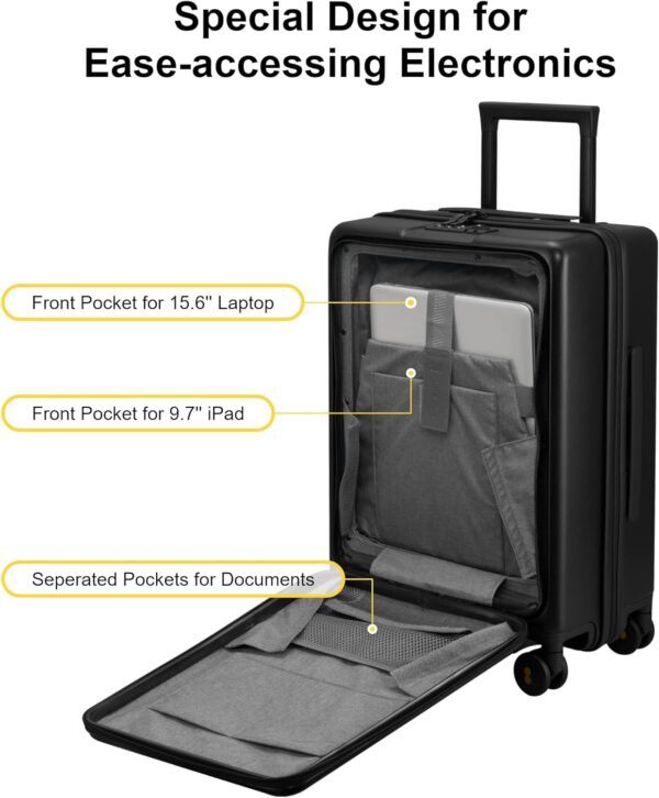 LEVEL8 Carry On Luggage with Compartment, 20 Inch Lightweight Hard Shell Rolling Suitcase with Wheels Airline Approved, Checked Luggage with Front Pocket, Double Tsa Locks - Black - Image 3