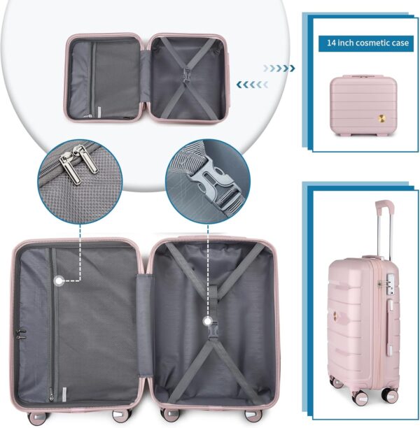 Somago 20" Carry On Luggage and 14" Mini Cosmetic Cases Travel Set Lightweight Polypropylene Suitcase with TSA Lock YKK Zipper Hardside Luggage with Spinner Wheels (2 Piece Set, Nude Pink) - Image 3