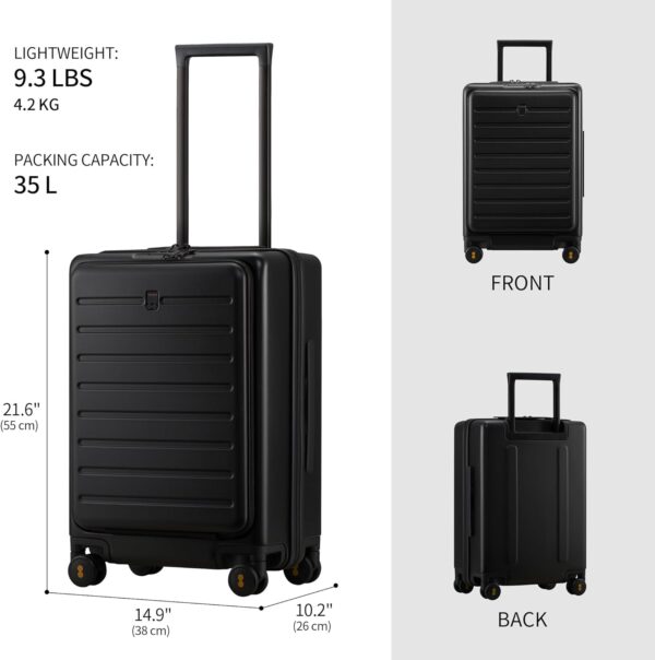 LEVEL8 Carry On Luggage with Compartment, 20 Inch Lightweight Hard Shell Rolling Suitcase with Wheels Airline Approved, Checked Luggage with Front Pocket, Double Tsa Locks - Black - Image 7